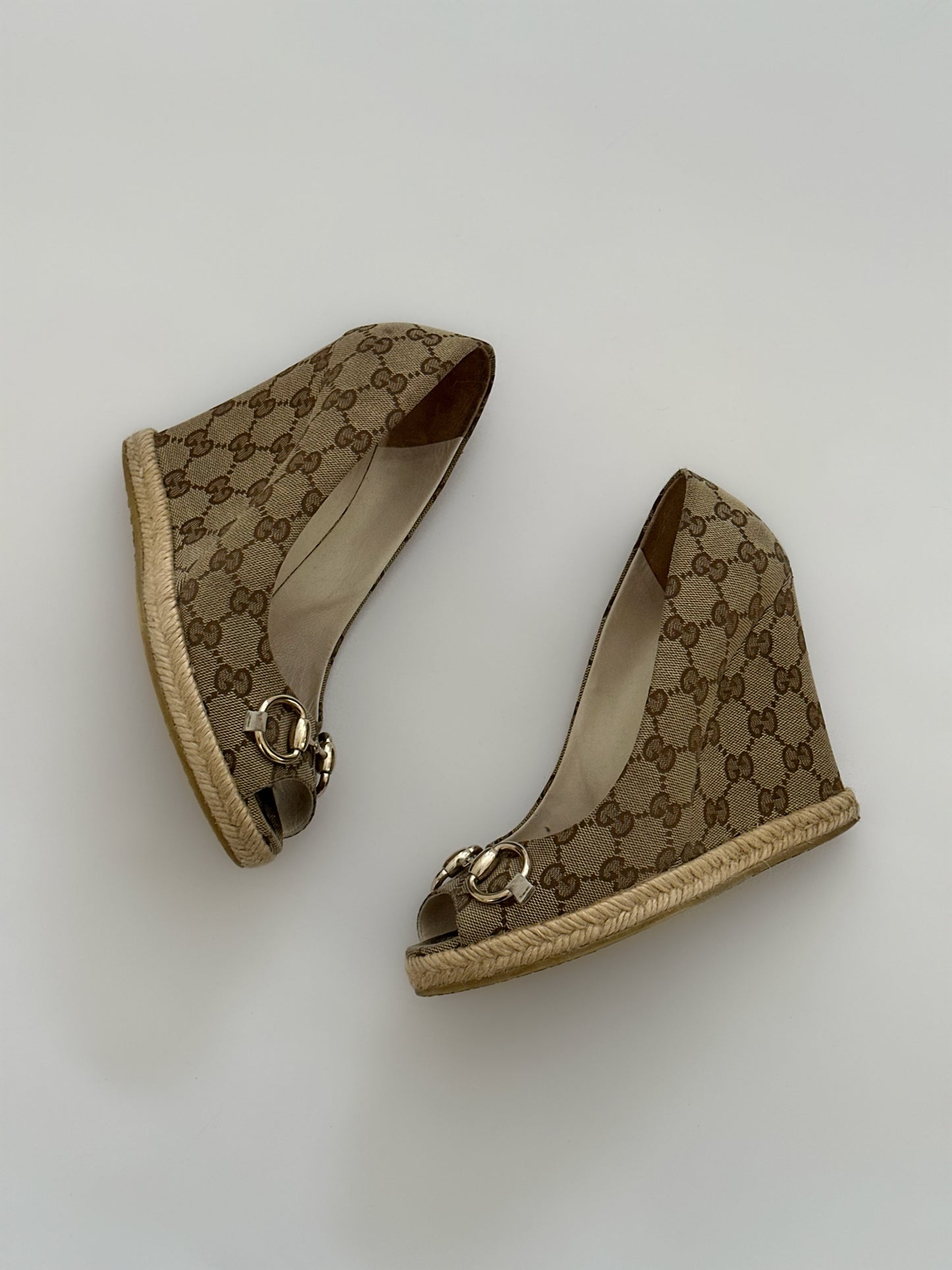 Gucci Monogram Horsebit Wedges (38)