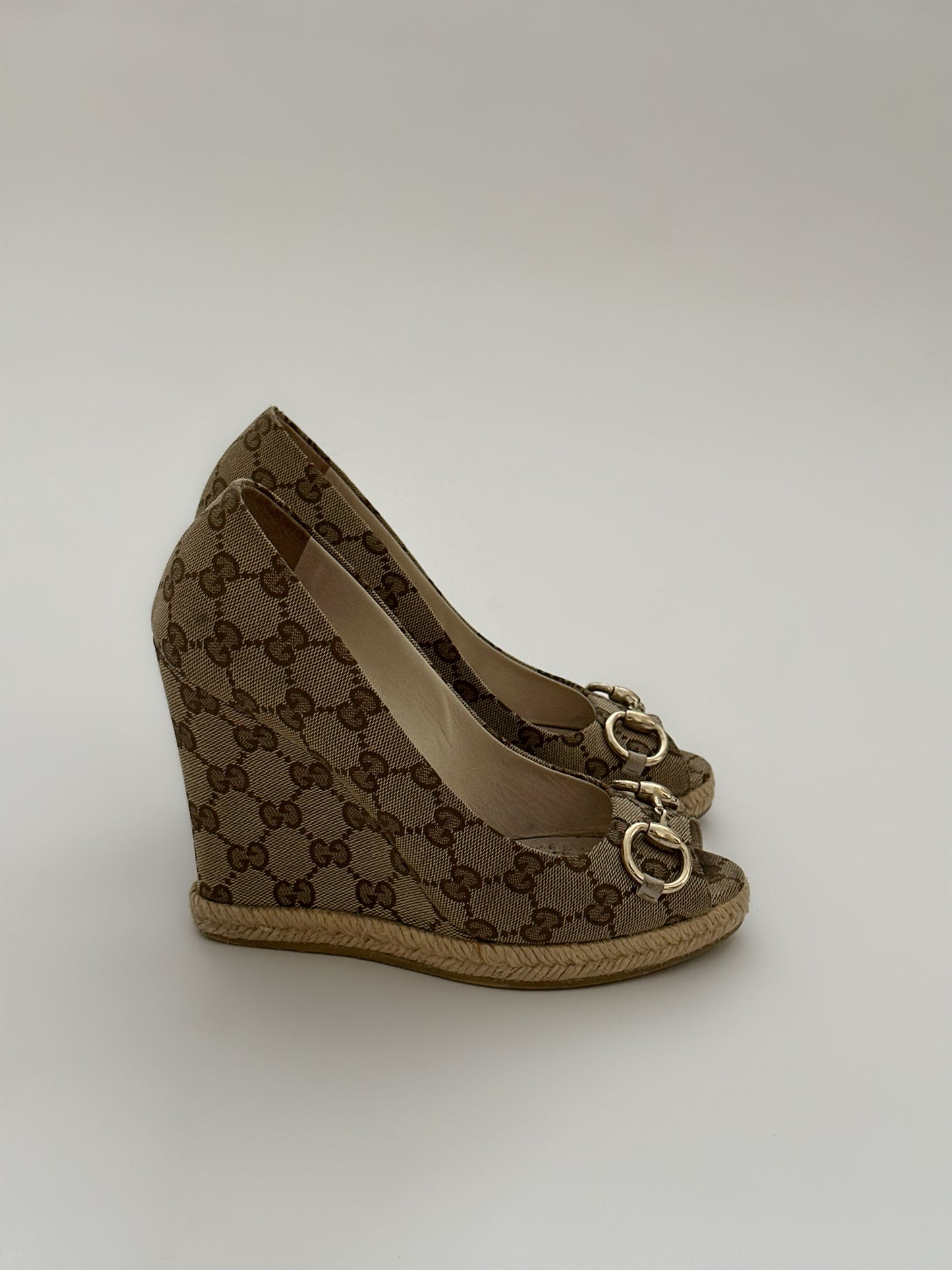 Gucci Monogram Horsebit Wedges (38)