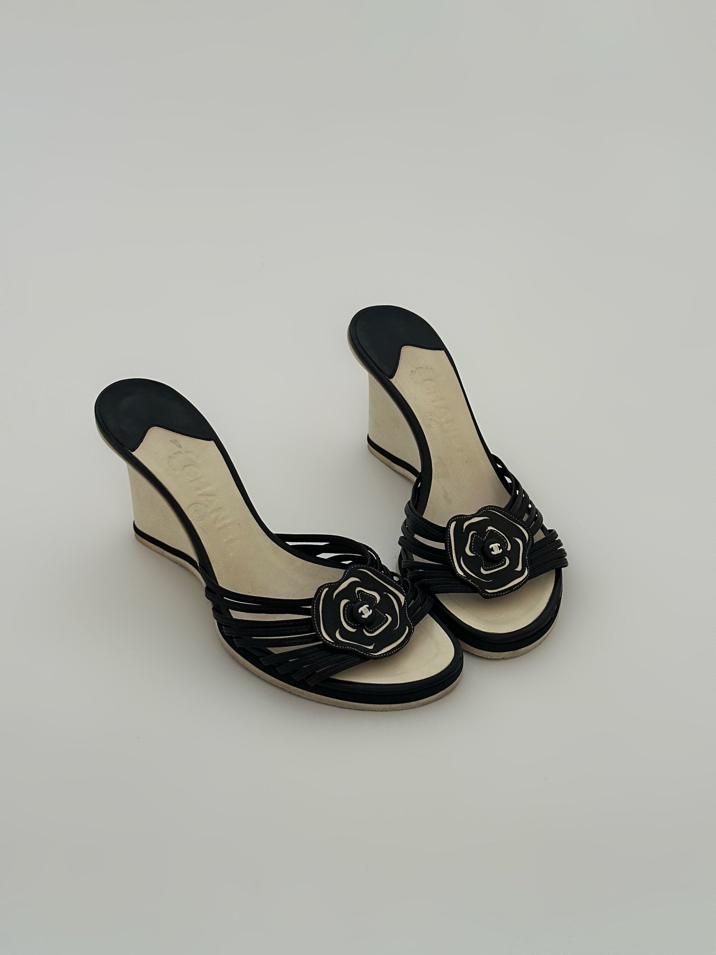 Vintage Chanel Camellia Wedge Sandals (38)