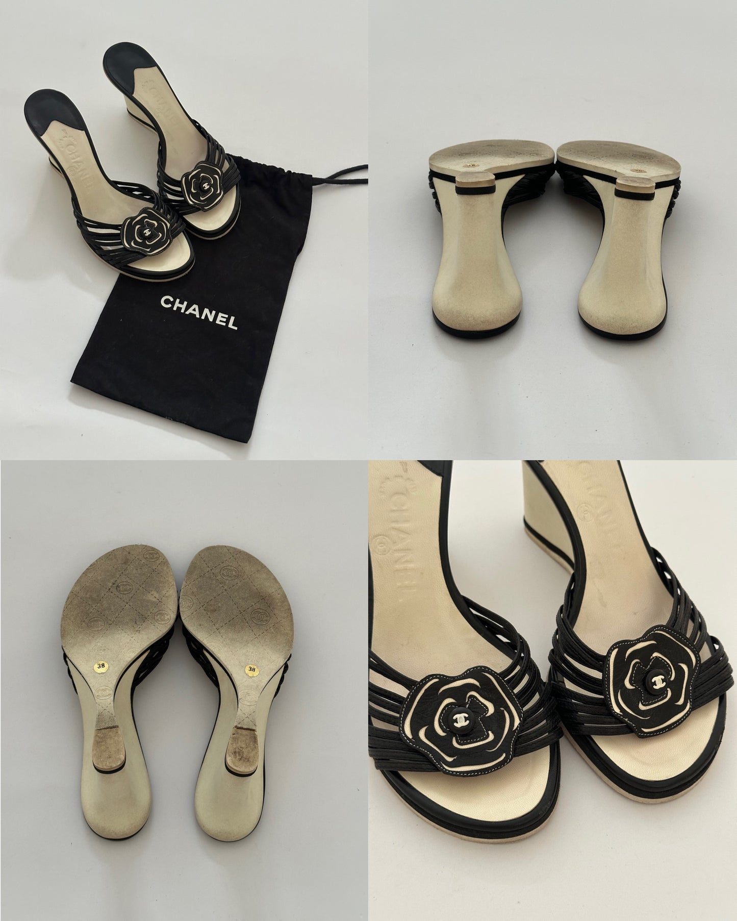 Vintage Chanel Camellia Wedge Sandals (38)