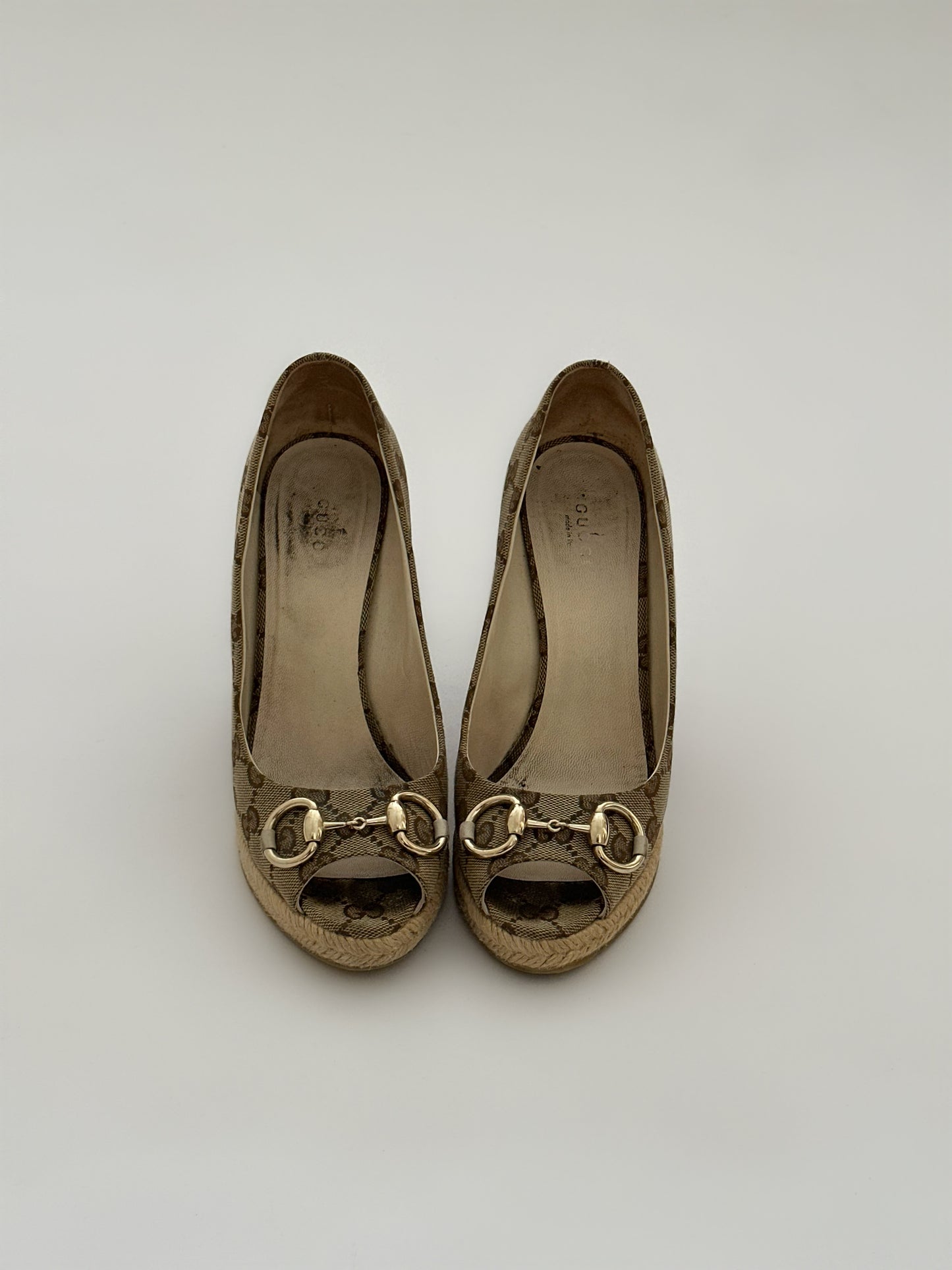 Gucci Monogram Horsebit Wedges (38)