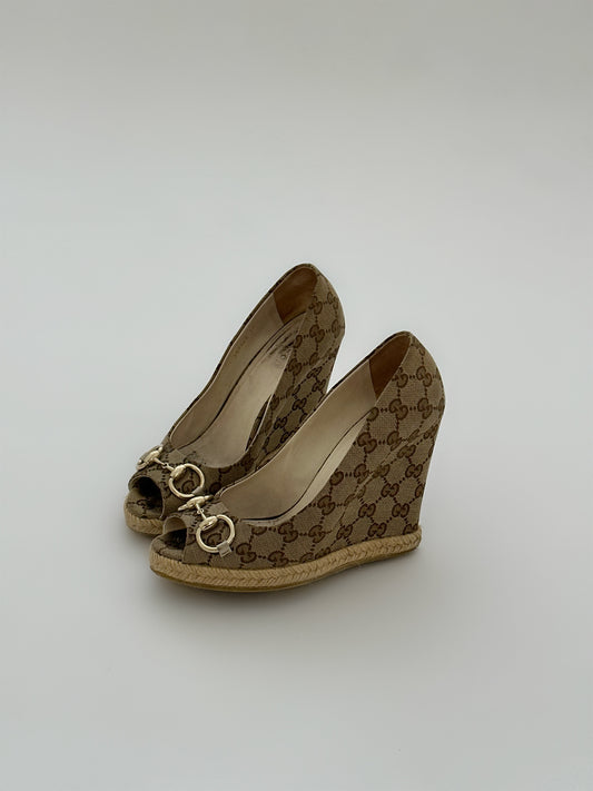 Gucci Monogram Horsebit Wedges (38)
