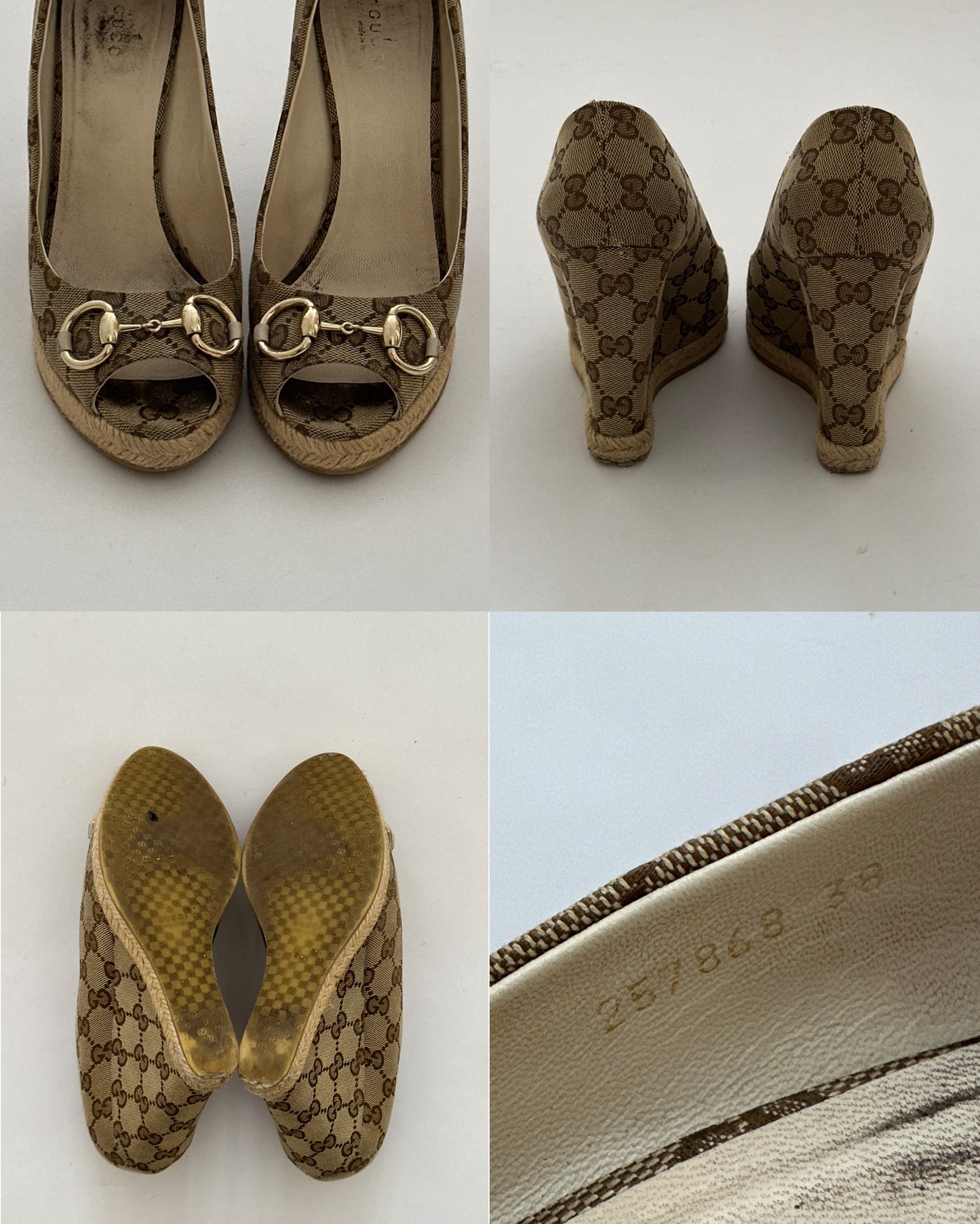 Gucci Monogram Horsebit Wedges (38)