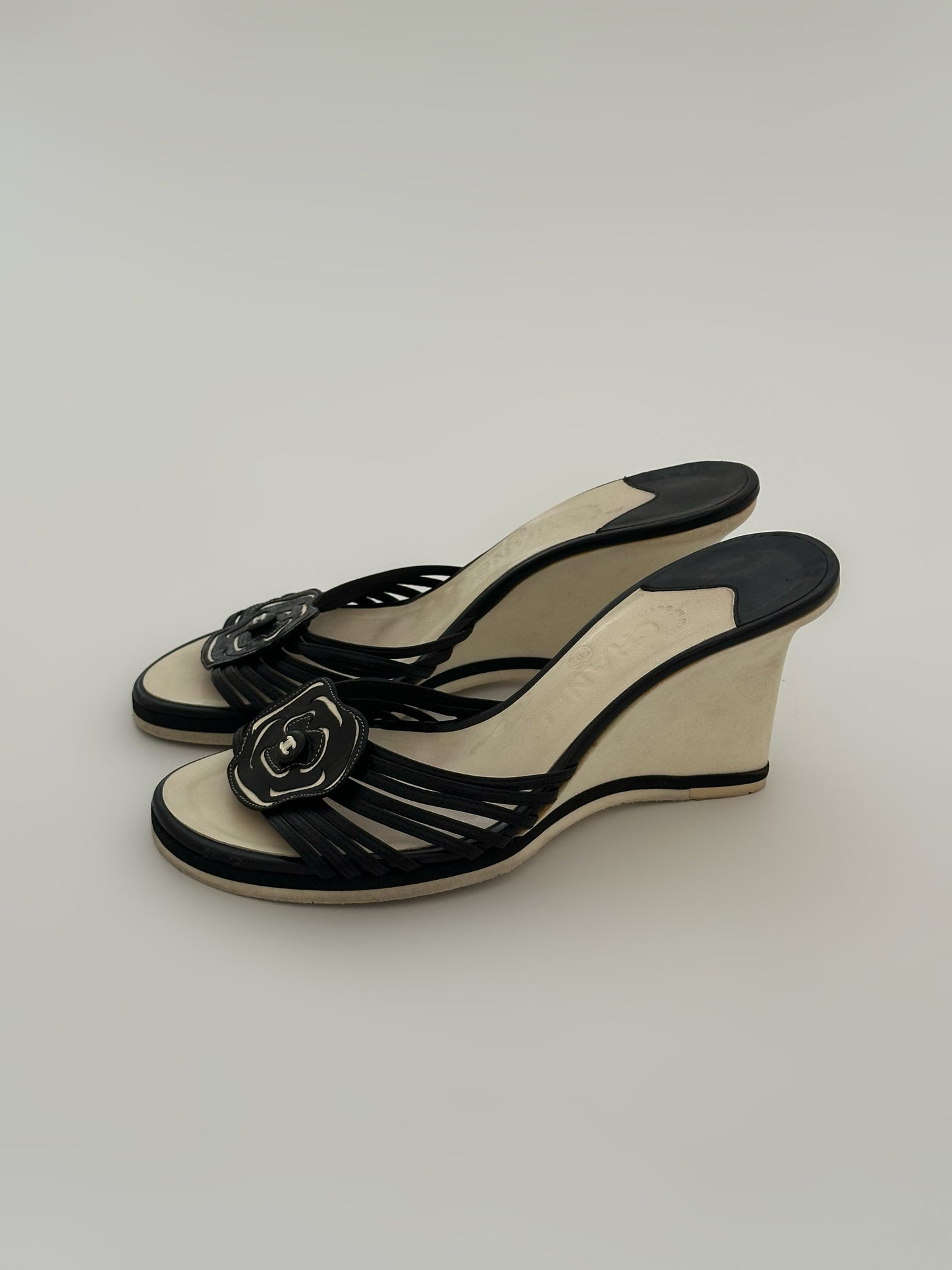 Vintage Chanel Camellia Wedge Sandals (38)